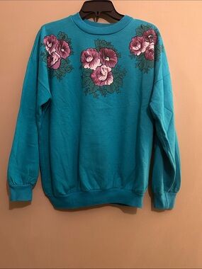 Vintage 1990s Teal Pansy Floral Crewneck Sweatshirt - OS